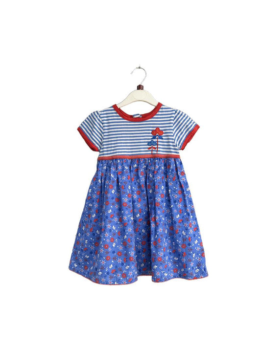 Preloved Jojo Maman Bebe - Blue Red White Stripe Elephant Short-sleeved Dress (2-3y)