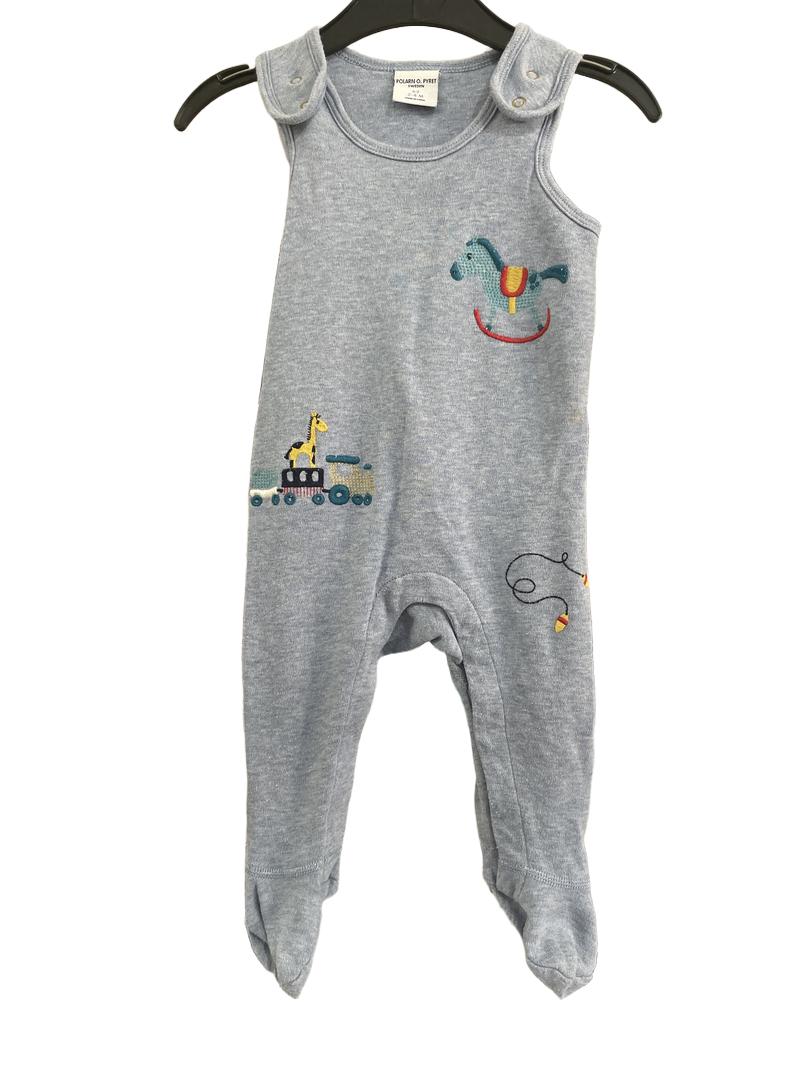 Preloved Polarn O. Pyret - Blue Footed Romper With Embroidered Rocking Horse, Train And Jump Rope. (2-4m)