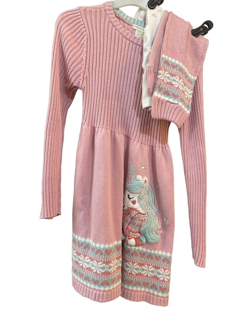 Preloved Cynthia Rowley - Pink Rib Knit Unicorn Sparkle Applique Dress, Tights, Scarf Set (7-8y)