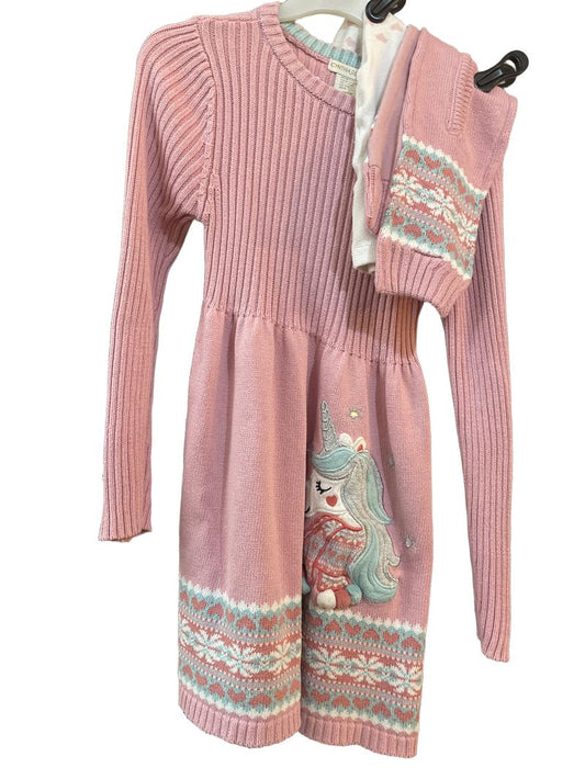 Preloved Cynthia Rowley - Pink Rib Knit Unicorn Sparkle Applique Dress, Tights, Scarf Set (7-8y)