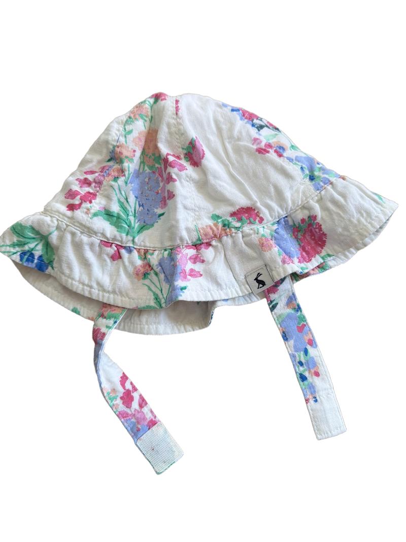 Preloved Joules - White Floral Print Sun Hat With Straps (6-12m)