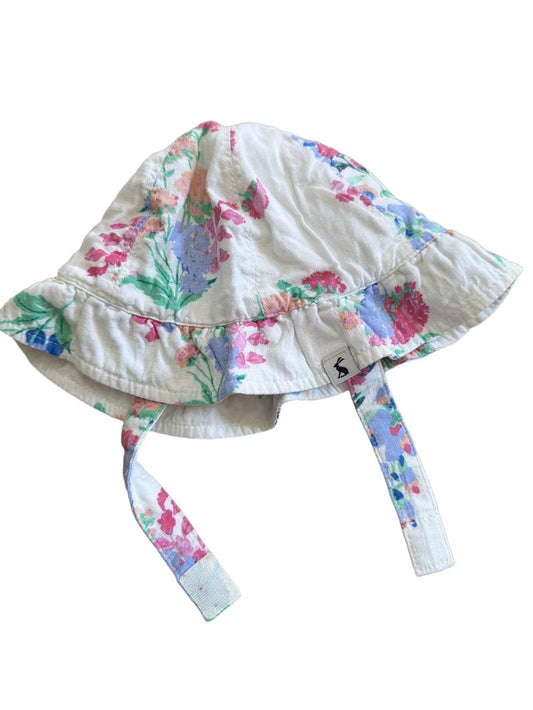Preloved Joules - White Floral Print Sun Hat With Straps (6-12m)