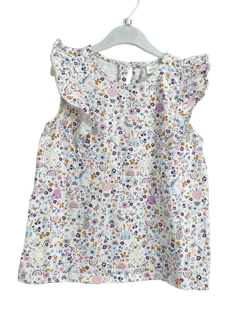Preloved Next - Floral Rainbow Bunny Print Sleeveless Flutter Shirt (9-10y)