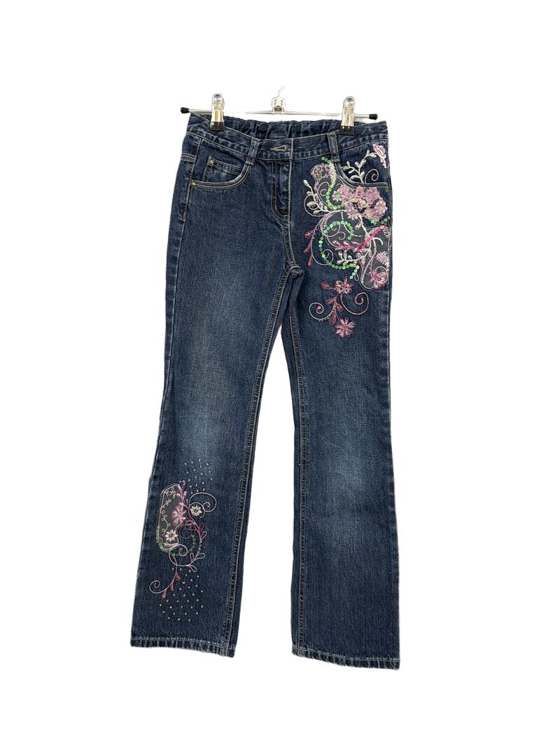Preloved Marks & Spencer - Dark Blue Jeans With Pink Floral Sequin Embroidery At Hip (9-10y)