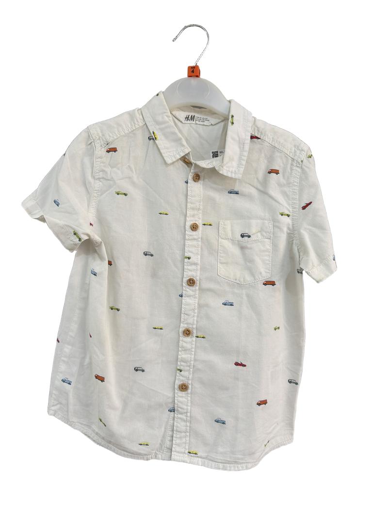 Preloved H&M - White Car Print Short-sleeved Button Down Shirt, 110 Cm (4-5y)