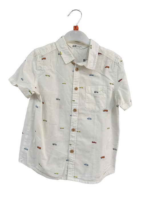 Preloved H&M - White Car Print Short-sleeved Button Down Shirt, 110 Cm (4-5y)