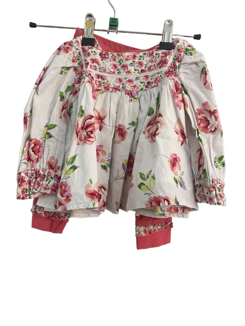 Preloved Monsoon - Pink White Floral Print Lightweight Long-sleeved Top And Matching Ruffle Trousers (6-9m)