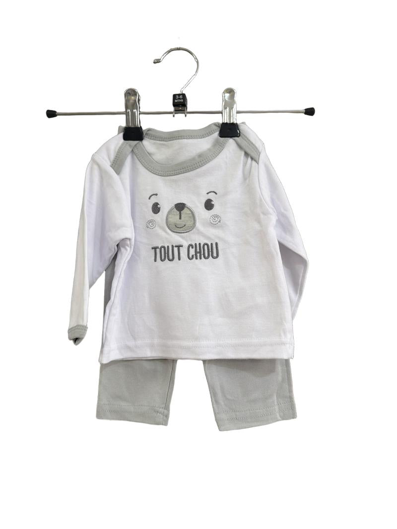 Preloved Tom & Kiddy Bisous & Ange - White Gray Tout Chou Long-sleeved T Shirt And Trousers (3-6m)