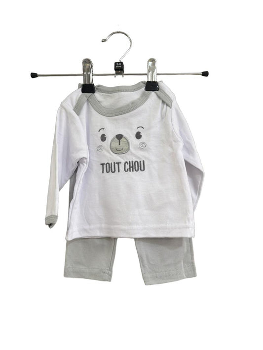 Preloved Tom & Kiddy Bisous & Ange - White Gray Tout Chou Long-sleeved T Shirt And Trousers (3-6m)