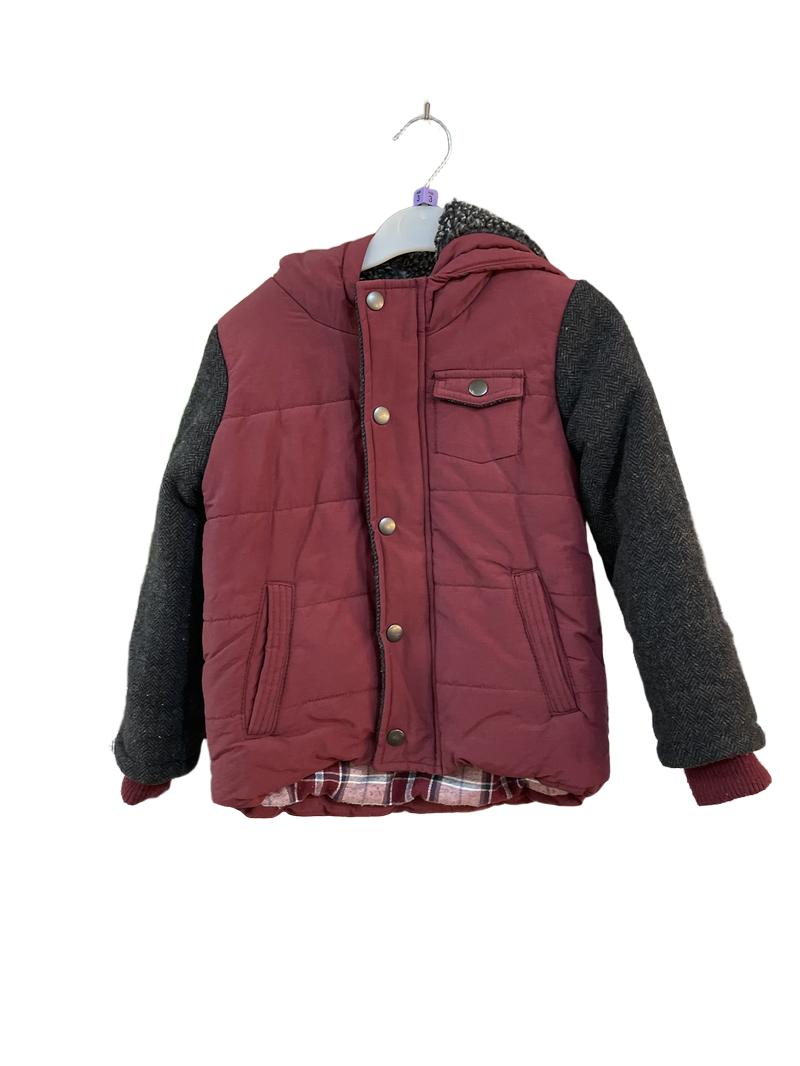 Preloved Marks & Spencer - Burgundy And Gray Herringbone Coat With Fleece-lined Hood (3-4y)