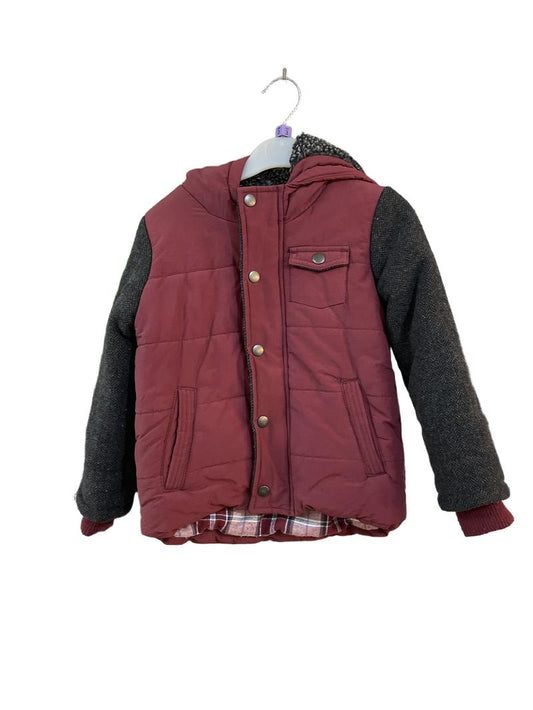 Preloved Marks & Spencer - Burgundy And Gray Herringbone Coat With Fleece-lined Hood (3-4y)