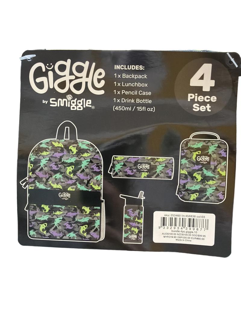 Preloved Smiggle - Shark Giggle 4 Piece Set: Backpack, Lunchbox, Pencil Case, Drink Bottle - NEW In Packaging