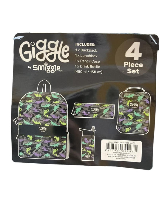 Preloved Smiggle - Shark Giggle 4 Piece Set: Backpack, Lunchbox, Pencil Case, Drink Bottle - NEW In Packaging