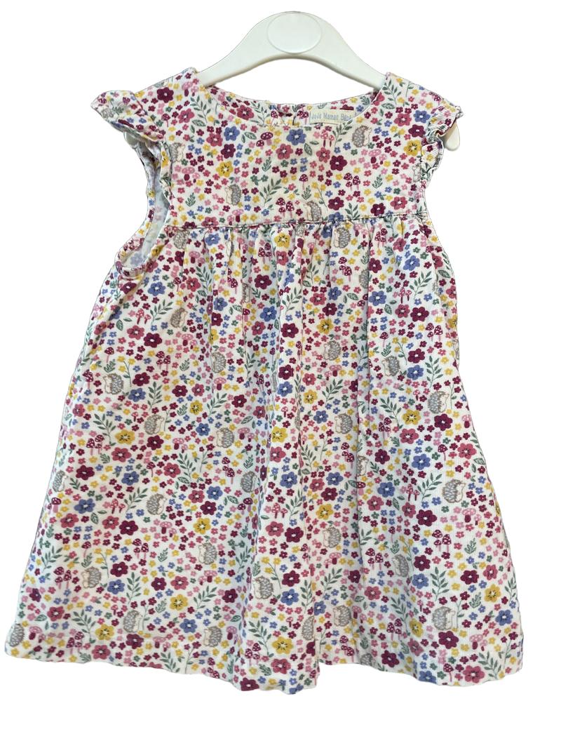 Preloved Jojo Maman Bebe - Pastel Floral Hedgehog Print Corduroy Sleeveless Dress (12-18m)