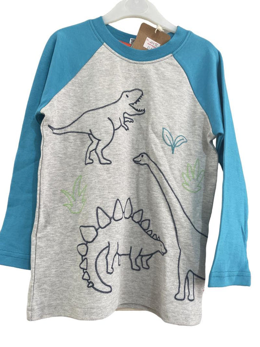 Preloved Frugi - Blue Gray Raglan Dinosaur Embroidery Long-sleeved Shirt, NEW With Tags (6-7y) - Top