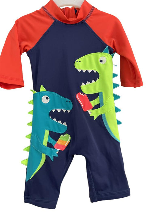 Preloved Bluezoo - Red Navy Dinosaur Sun Protection Swimsuit (3-6m)