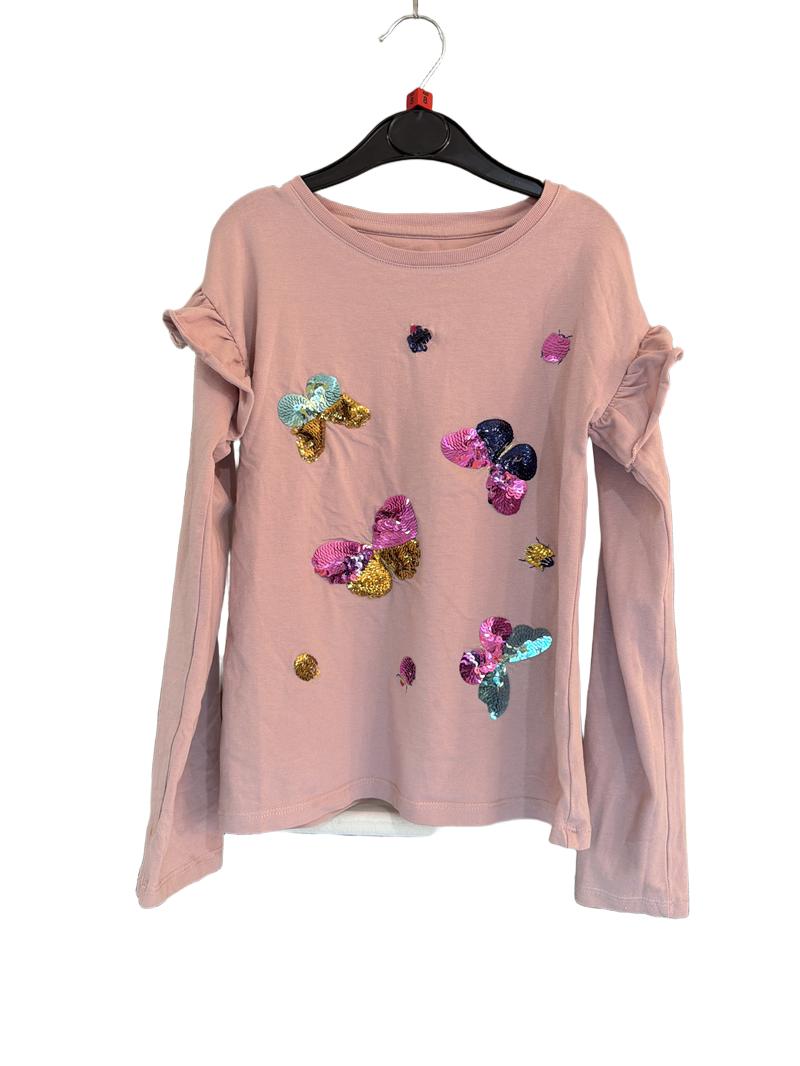 Preloved John Lewis - Pink Sequin Butterfly Long-sleeved Ruffle Top (8-9y)