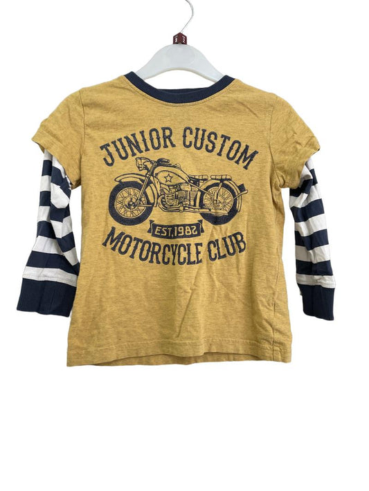 Preloved Next - Top - Yellow Navy White Mock Sleeve Fuzzy Motorcycle T Shirt (2-3y)