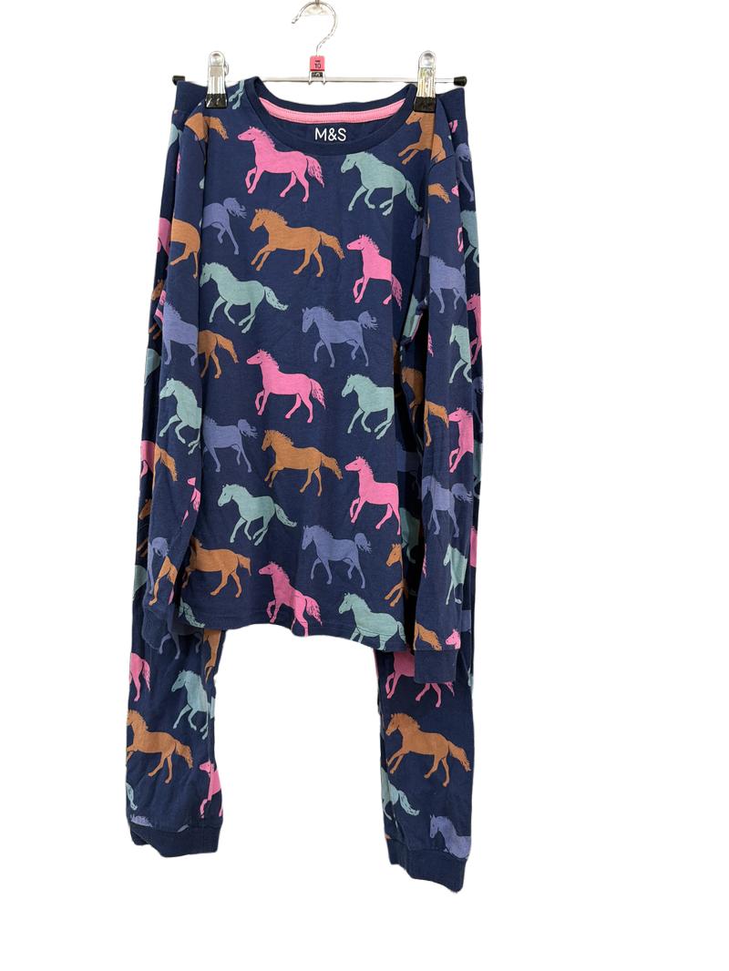 Preloved Marks & Spencer - Navy Multicolour Horse Print Long-sleeved Pyjama Set (10-11y)