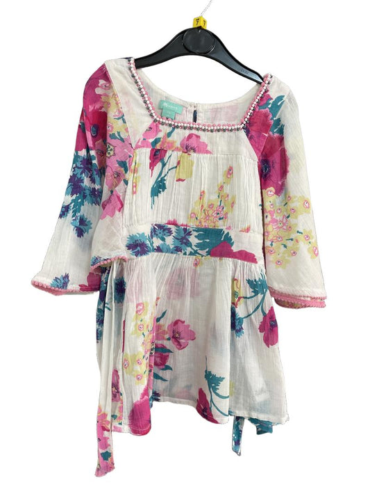 Preloved Monsoon - White Pink Blue Floral Print Cover Up Lightweight Shirt (7-8y)