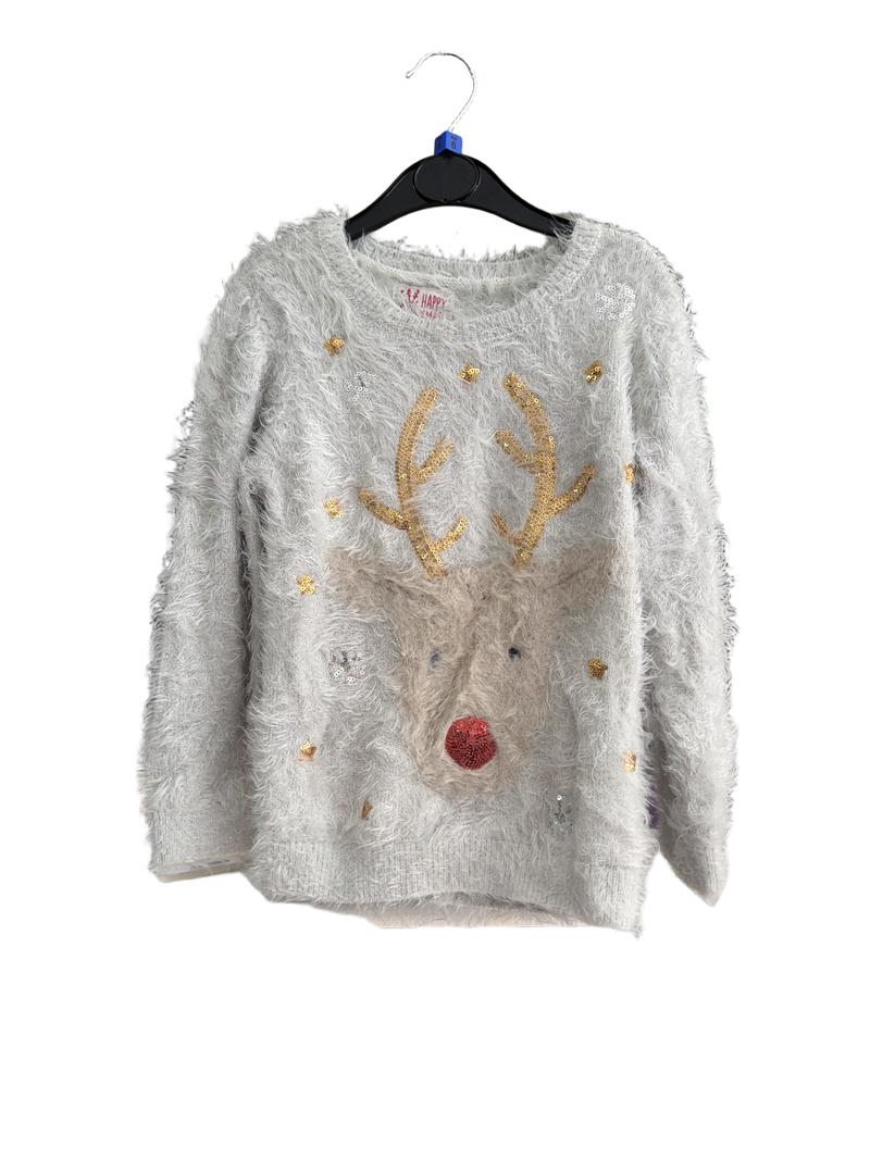 Preloved F&F - Gray Fluffy Sequin Reindeer Christmas Jumper (6-7y)