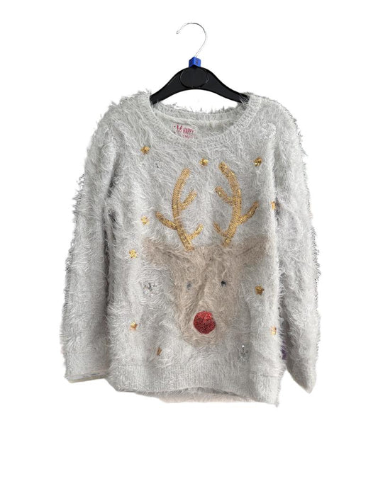 Preloved F&F - Gray Fluffy Sequin Reindeer Christmas Jumper (6-7y)