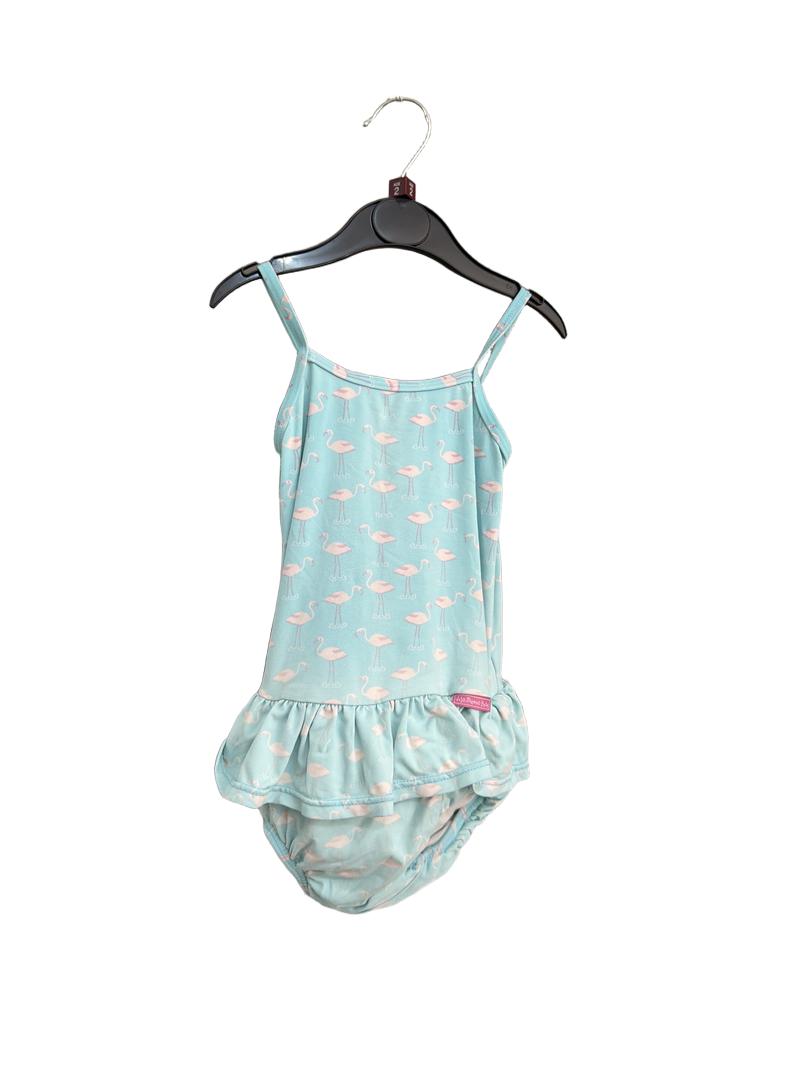 Preloved Jojo Maman Bebe - Blue Flamingo Print One Piece Swimsuit With Integrated Swim Nappy (2-3y)