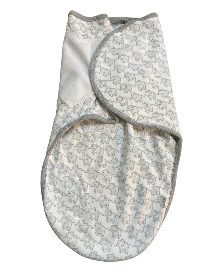Preloved Jojo Maman Bebe - White Gray Elephant Print Newborn Velcro Swaddle (0-3m)
