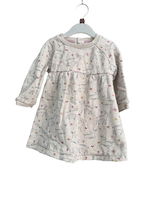 Preloved John Lewis - Pink Deer Print Long-sleeved Dress (18-24m)