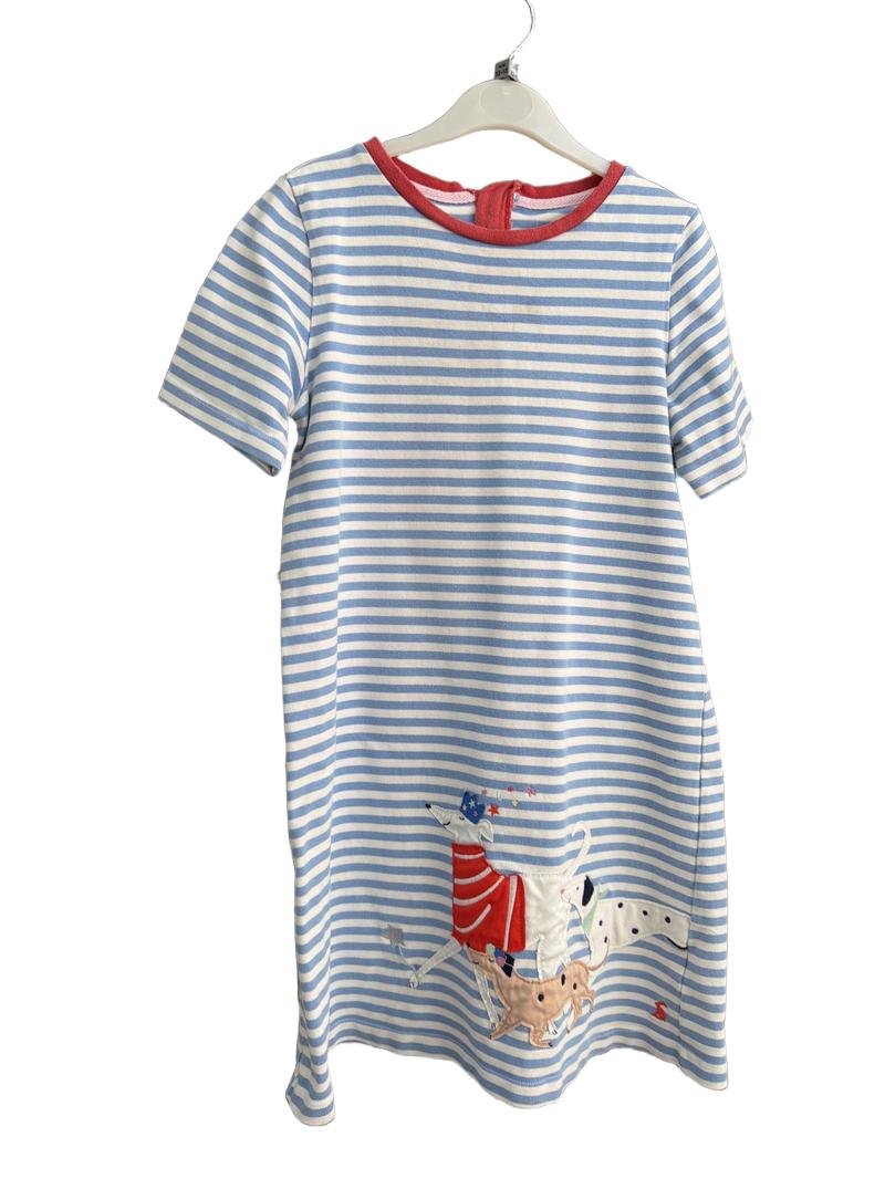 Preloved Joules - Blue White Stripe Dog Appliqué Short-sleeved Dress (12-13y)