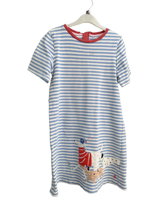 Preloved Joules - Blue White Stripe Dog Appliqué Short-sleeved Dress (12-13y)