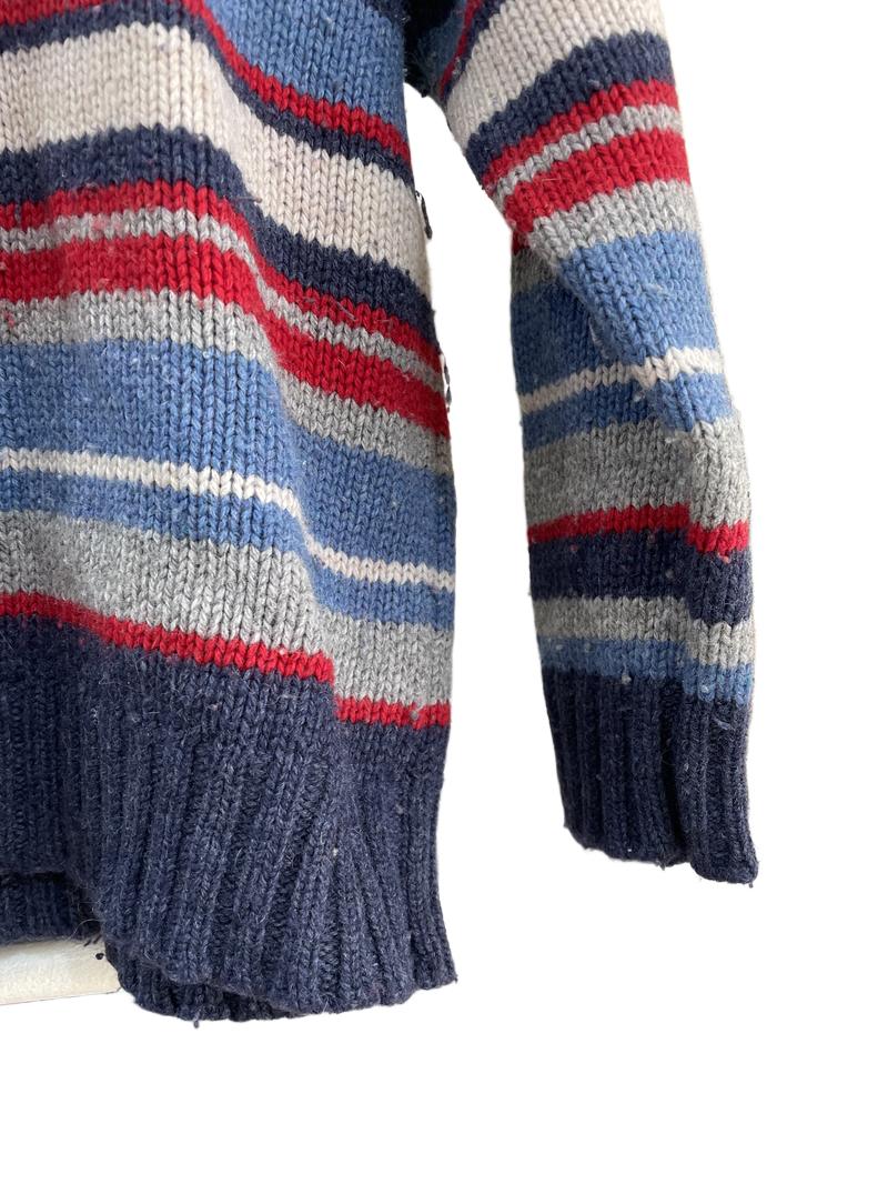 Preloved Jojo Maman Bebe - Blue Gray Red Striped Half Button Hoodie Jumper (4-5y)