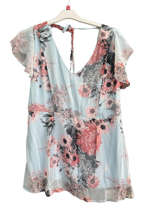 Preloved Mama Licious - Blue Pink Floral Chiffon Flutter Sleeve Maternity And Nursing Shirt (Small) - Top