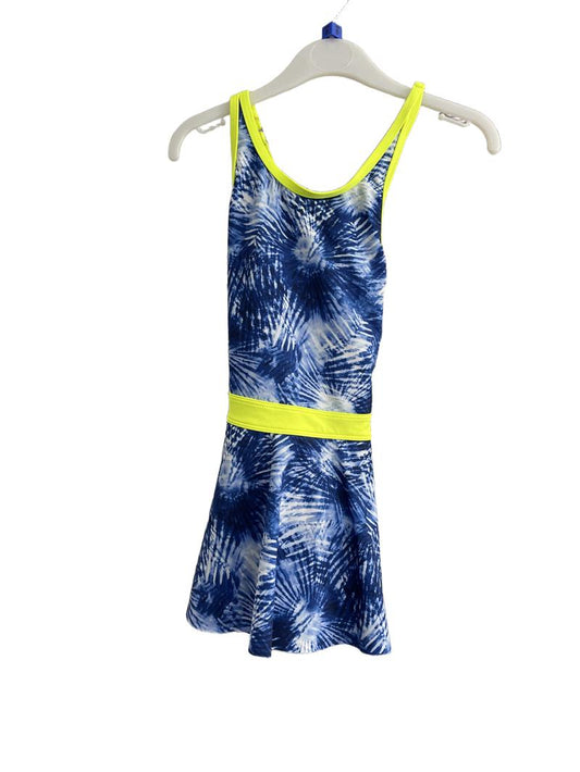 Preloved Lands' End - Blue White Yellow Girls One Piece Swimsuit With Skirt (6-7y)