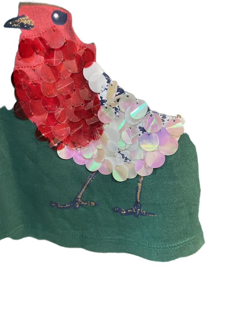 Preloved Mini Boden - Green Sequined Robin Long-sleeved T Shirt (7-8y)