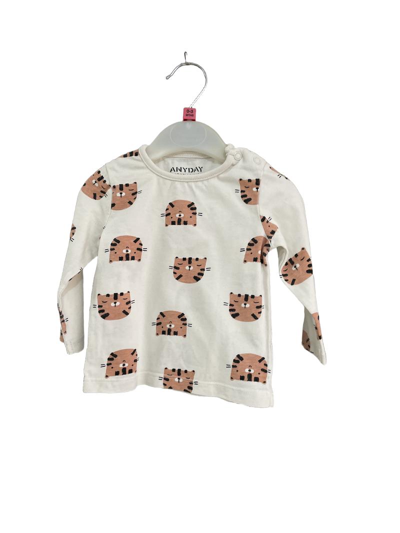 Preloved John Lewis - Cream Tiger Print Long-sleeved T Shirt  (0-3m)