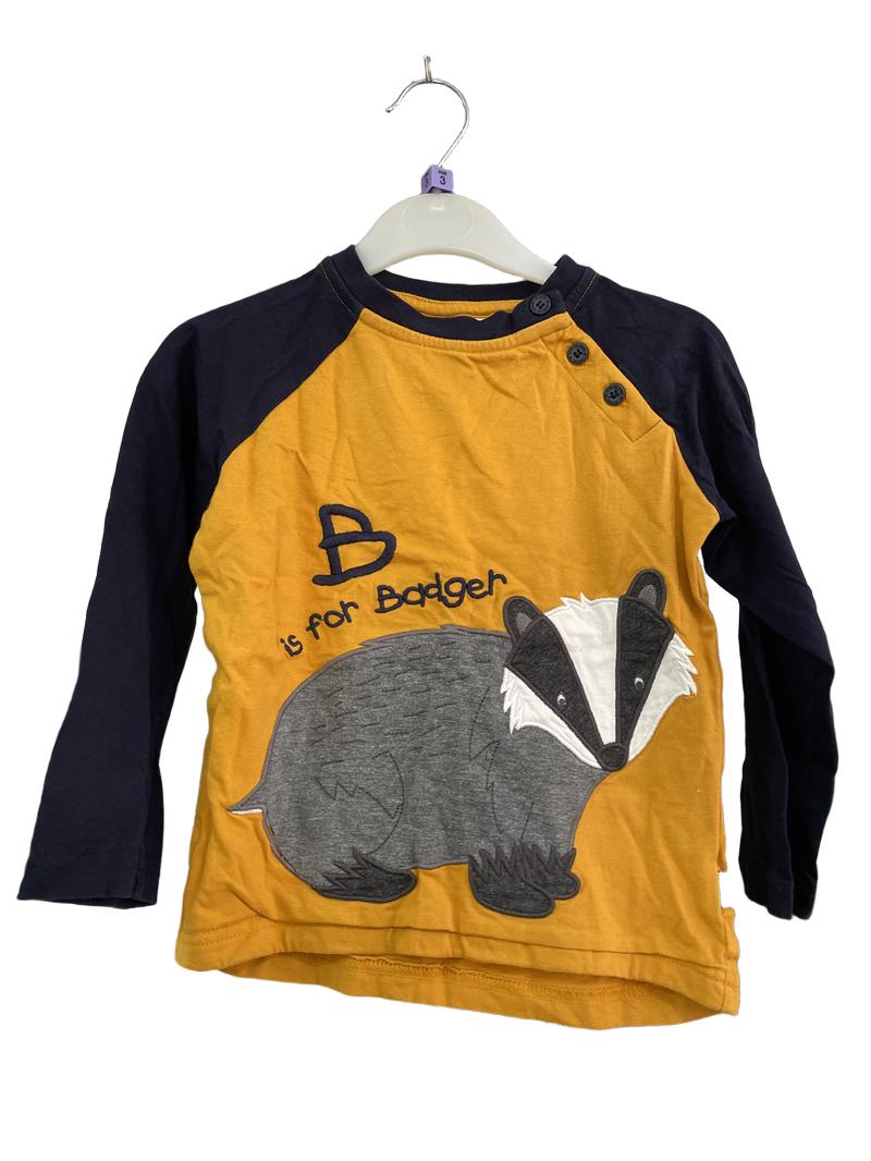 Preloved Jojo Maman Bebe - Top - Yellow "B Is For Badger" Navy Raglan Sleeve Shirt (3-4y)