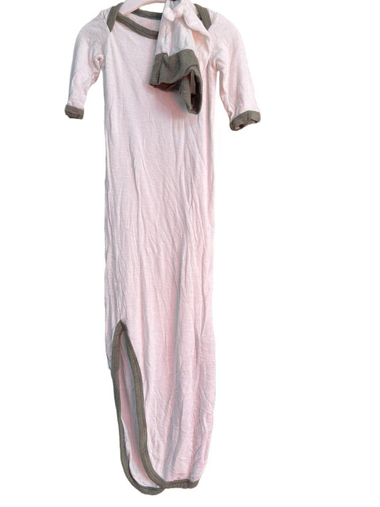 Preloved Moose + Whale - White Green Long-sleeved Knotted Gown, Open-ended Sleepsuit With Matching Hat (0-3m)