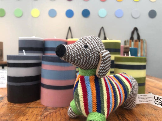 Sausage Dog Baby Rattle with Rainbow Stripe Jumper Knitted