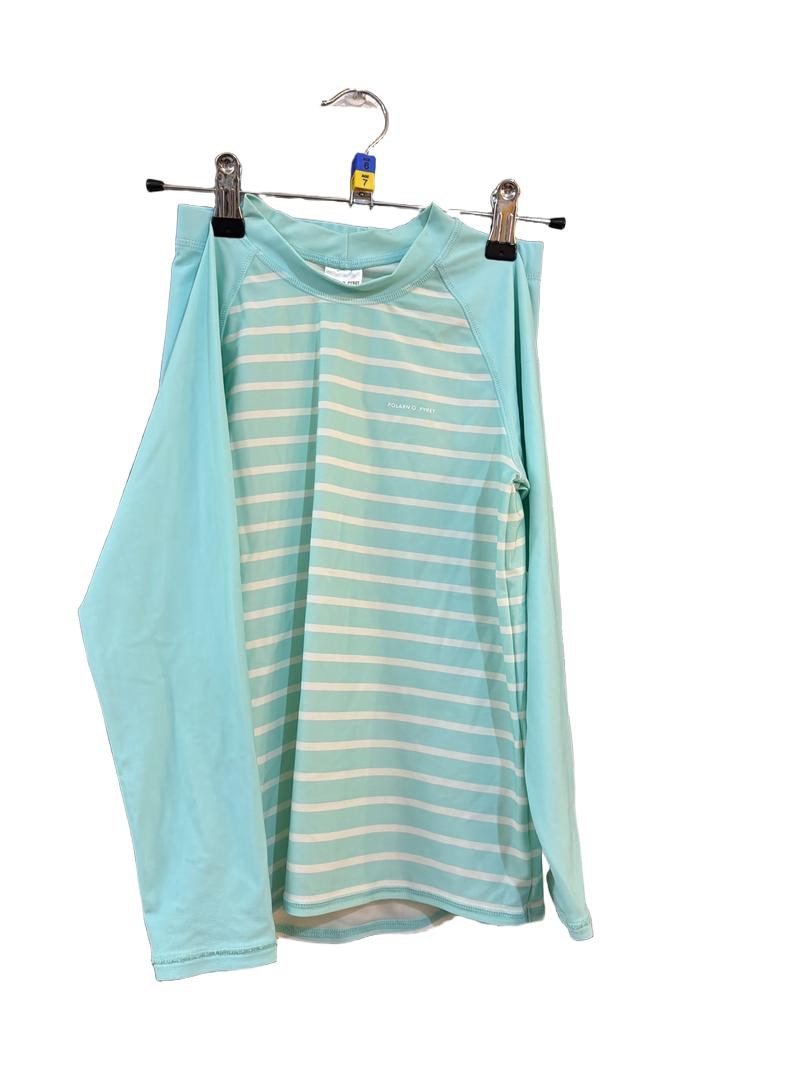 Preloved Polarn O. Pyret - Green Stripe Long-sleeved Rashie Sun Protection Top And Short Swimsuit (6-7y, 7-8y)