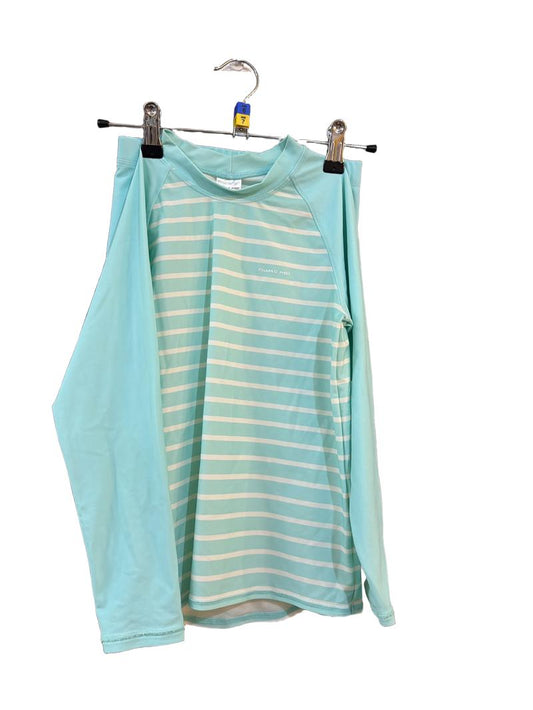 Preloved Polarn O. Pyret - Green Stripe Long-sleeved Rashie Sun Protection Top And Short Swimsuit (6-7y, 7-8y)