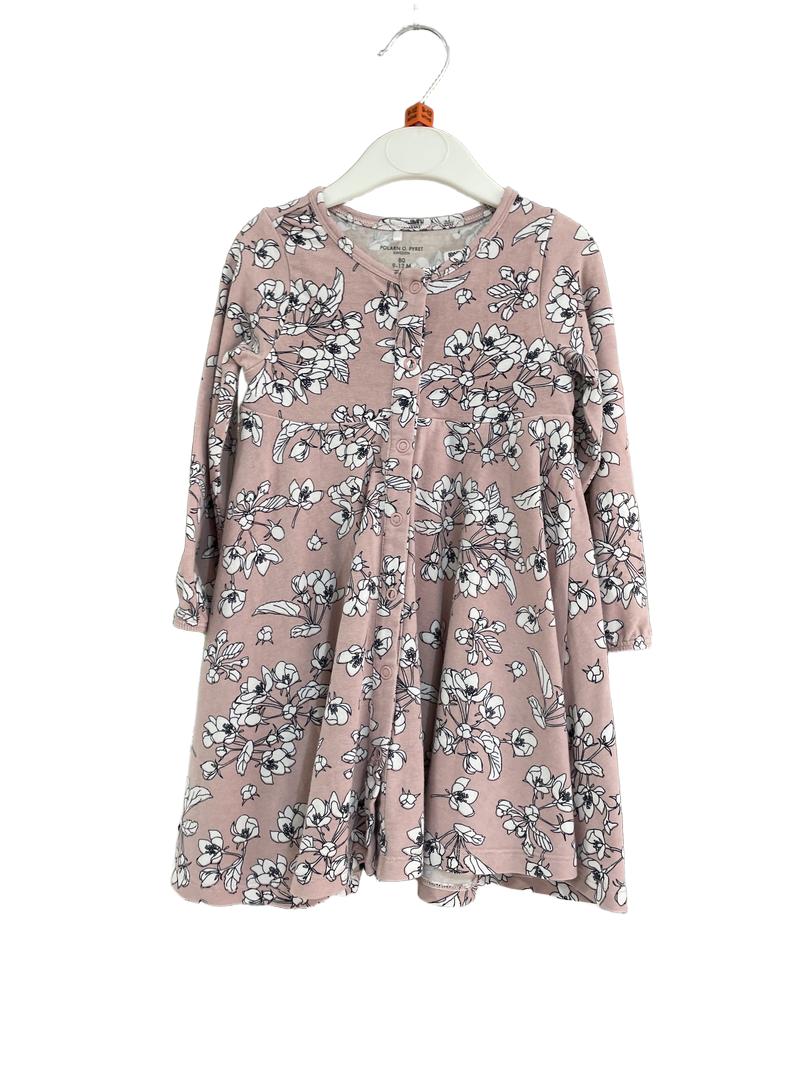 Preloved Polarn O. Pyret - Pink White Floral Print Long-sleeved Dress (9-12m)
