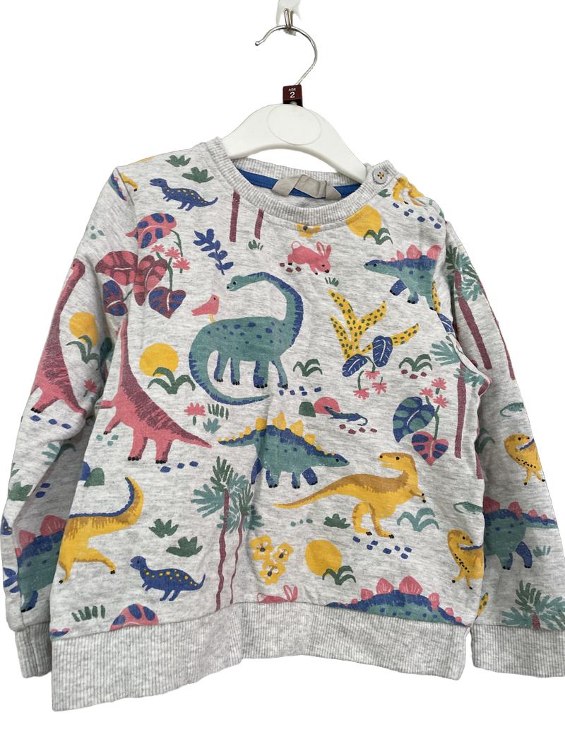 Preloved John Lewis - Top - Gray Dinosaur Print Long-sleeved Button Shoulder Shirt (2-3y)