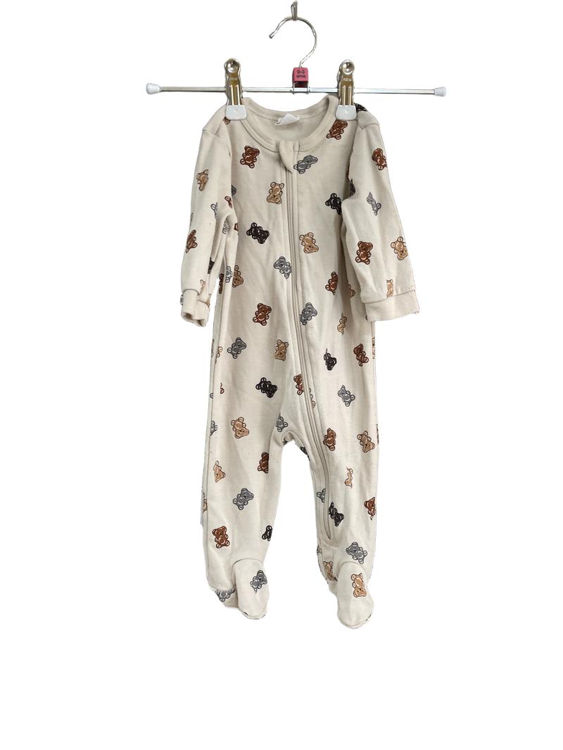 Preloved Pl Baby - Beige Teddy Bear Long-sleeved Sleepsuit, Bib, And Light Blanket (0-3m)
