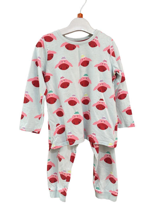 Preloved Marks & Spencer - Blue Santa Hat Bird Long-sleeved Pyjama Set (4-5y)