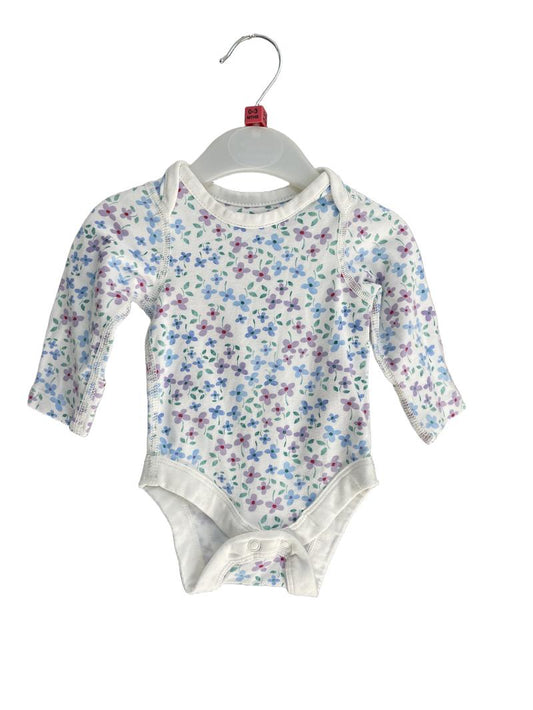 Preloved Marks & Spencer - White Floral Print Long-sleeved Onesie, 0-1 Month (0-3m)