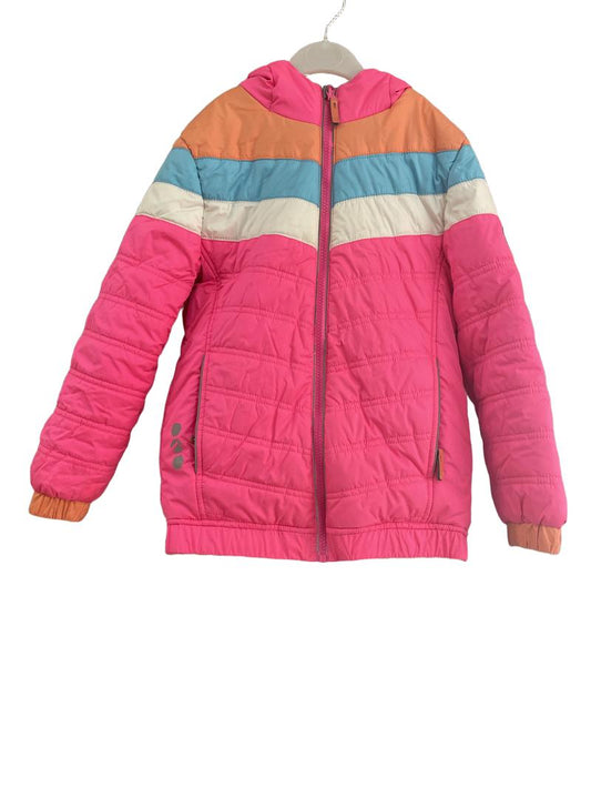 Preloved NorthVille - Vibrant Pink Waterproof Jacket With White, Blue, Peachy Orange Chevron Design. (6-7y)