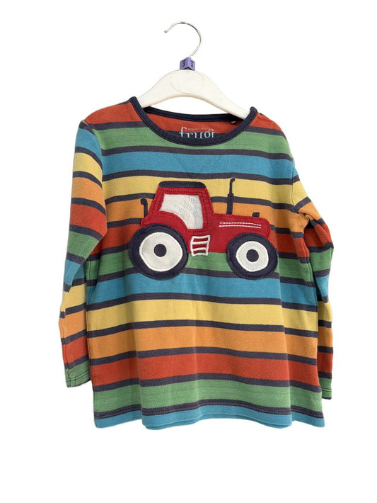 Preloved Frugi - Colourful Striped Long Sleeve Top With Tractor. (3-4y)