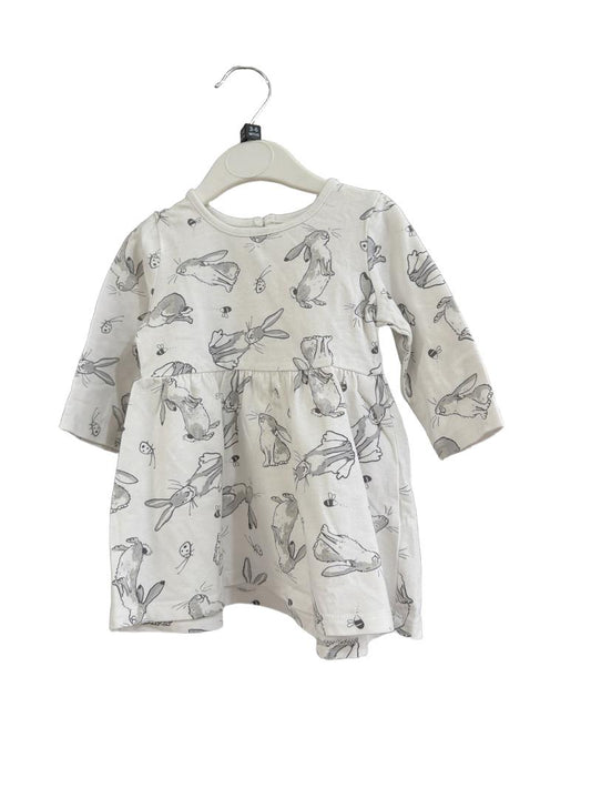 Preloved Matalan Retail Ltd - White Rabbit Print Long-sleeved Dress (3-6m)