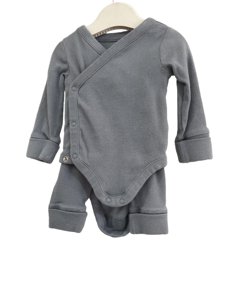 Preloved Marks & Spencer - Blue Cross Over Long Sleeve Bodysuit And Trousers. (0-3m)